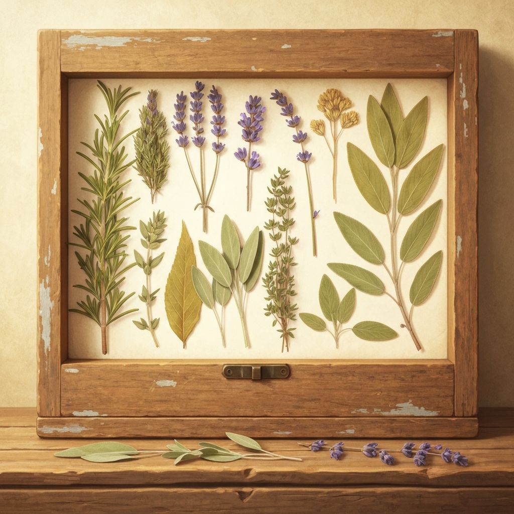 Traditional herb arrangement in rustic setting